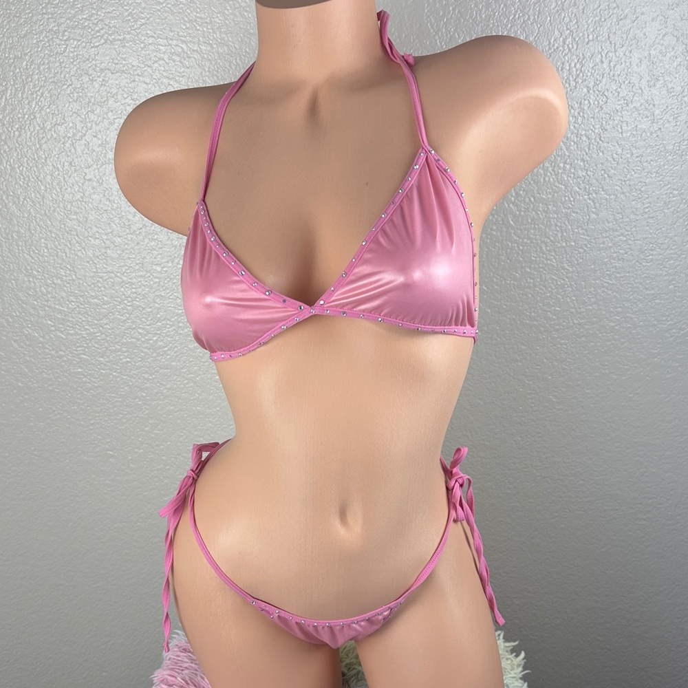 Bubblegum Pink Bling Rhinestone Latex Look Side Tie Stripper Pole Dancer Outfit